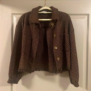 Checkered black and brown button up jacket